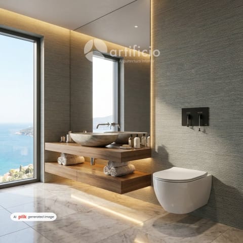 CREA UN BAÑO DE LUJO de hotel con vista al mar, cuidando cada detalle de los productos. que resalte el baño empotrado y su pulsador con el tapiz.