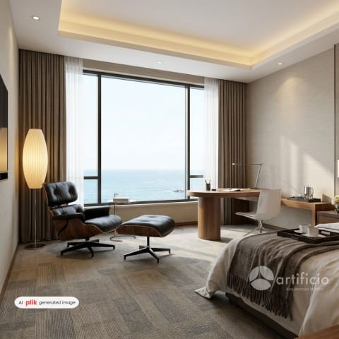 Crea una habitacion de un hotel de 5 estrellas cuidando cada detalle de los productos, con vista al mar. Quiero el lounge con la lampara para lectura y una mesa con la silla catifa como se escritorio.
