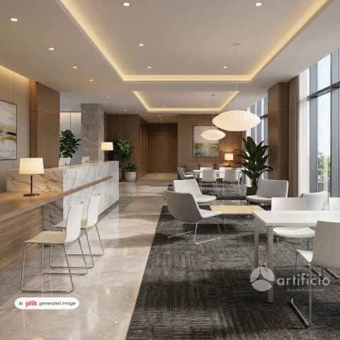 crea un lobby de un hotel de 5 estrellas, con recepcion y las sillas catifa como silla de visita, y una sala con los sillones y la lampara. cuida el detalle de cada producto en especial la alfombra