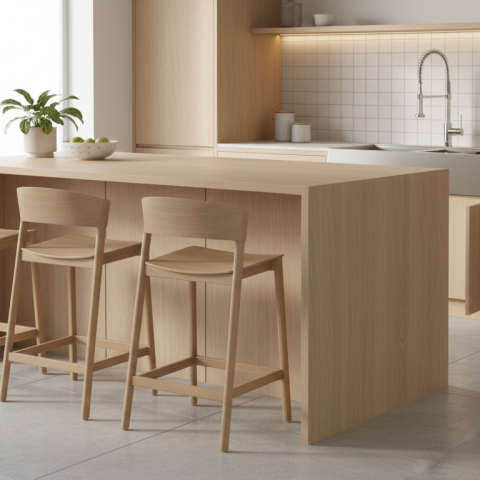 crear una cocina con su tarja y monomando con barra alta y sus bancos altos, estilo nordico.
