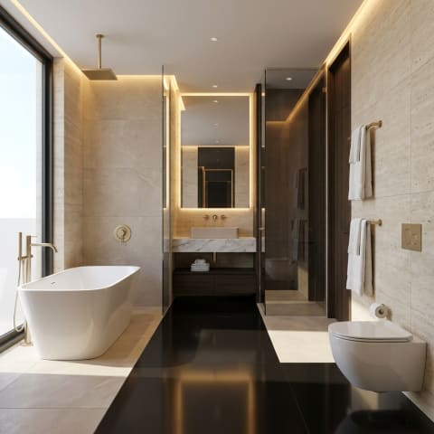 Crea un baño de ultra lujo cuidando todo detalle de los productos en un hotel de ultra lujo en cancun