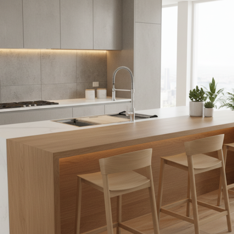 cocina con una barra perspectiva desde arriba