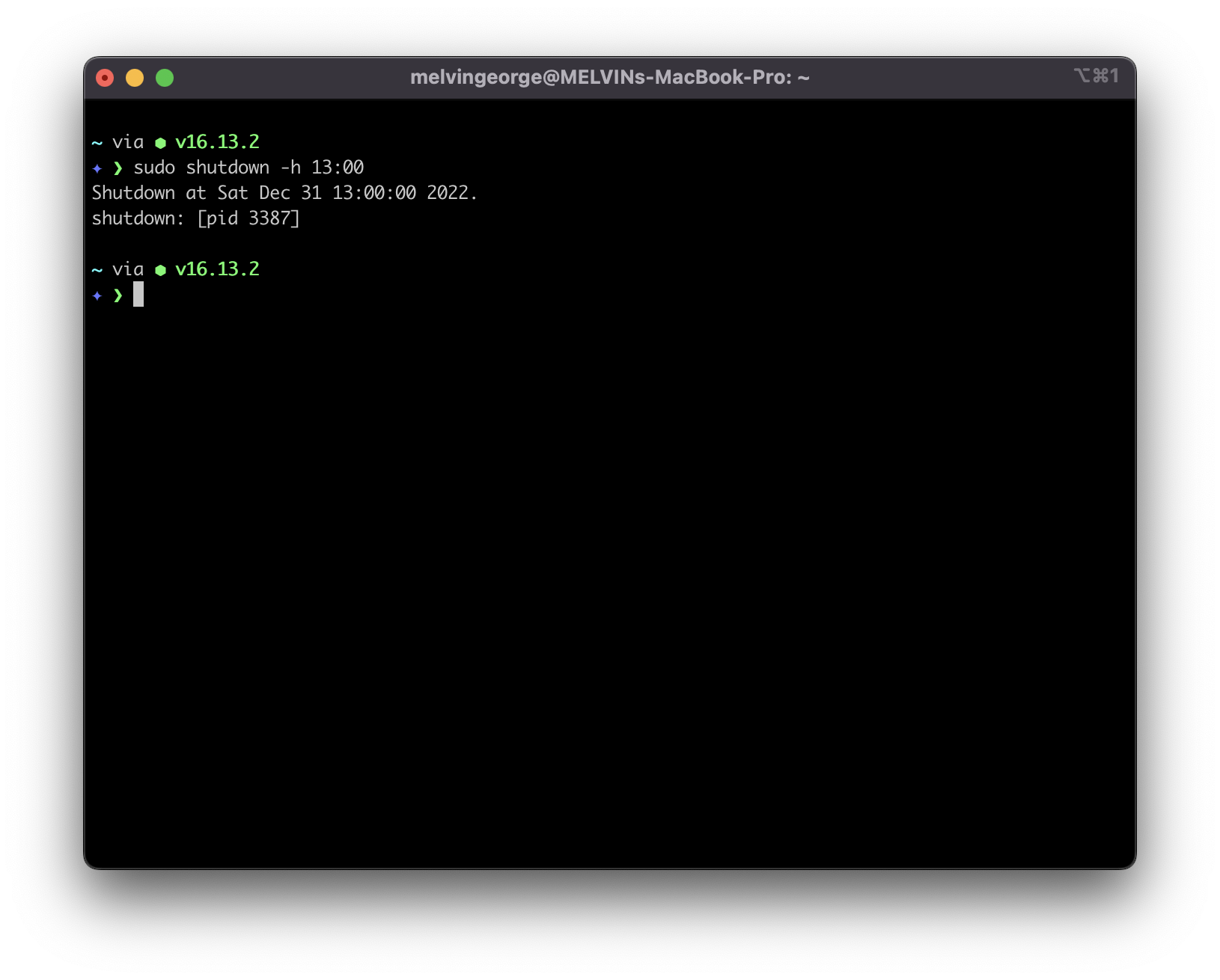 screenshot of the output of shutdown command showing the scheduled time to shut down and its process id (PID)