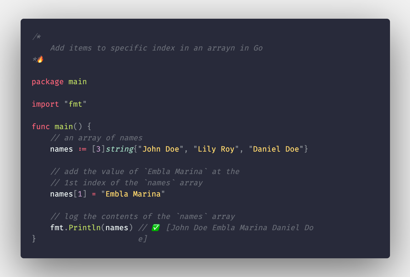 How to add values or elements to a specific index in an array in Go or