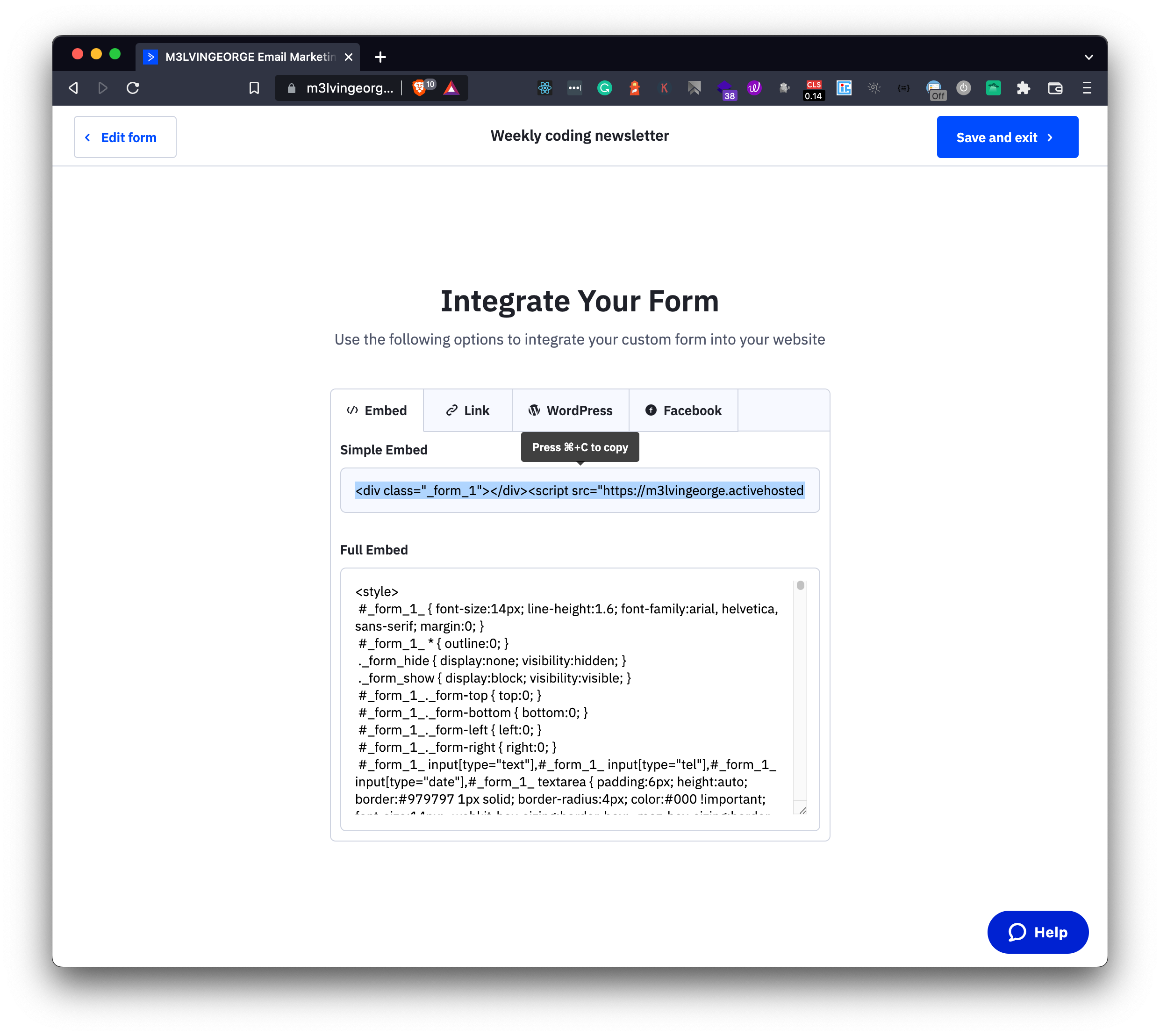 Copy code for newsletter form