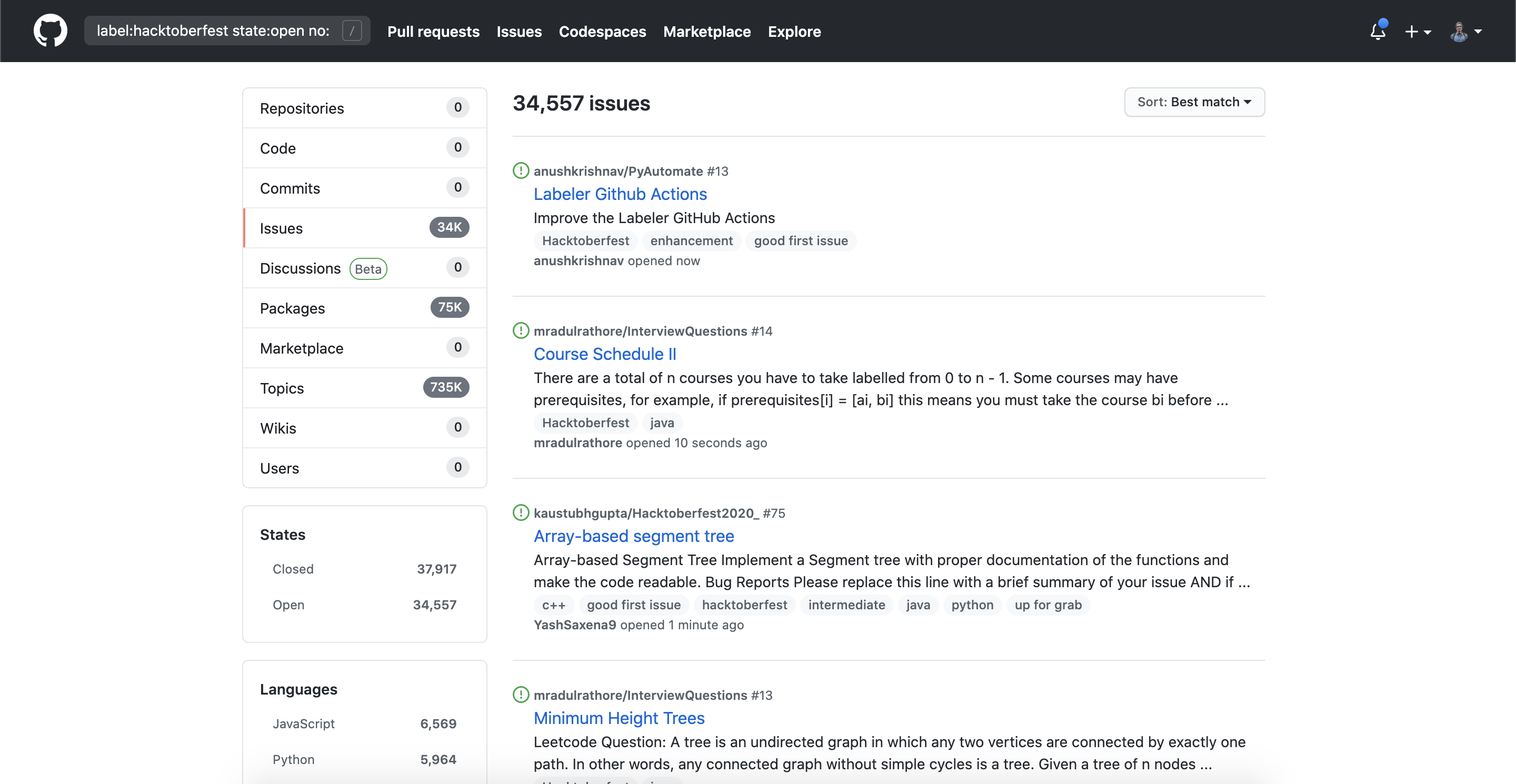 Issues labeled as Hacktoberfest in Github