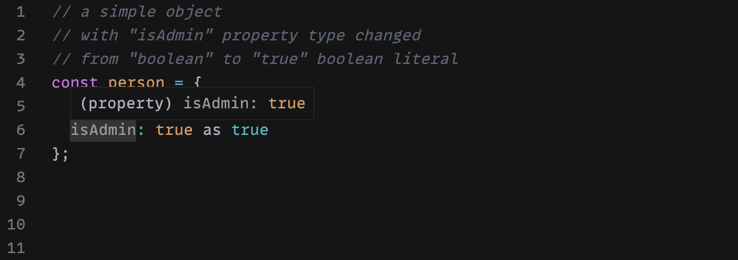 type true boolean literal shown in the isAdmin property on hover
