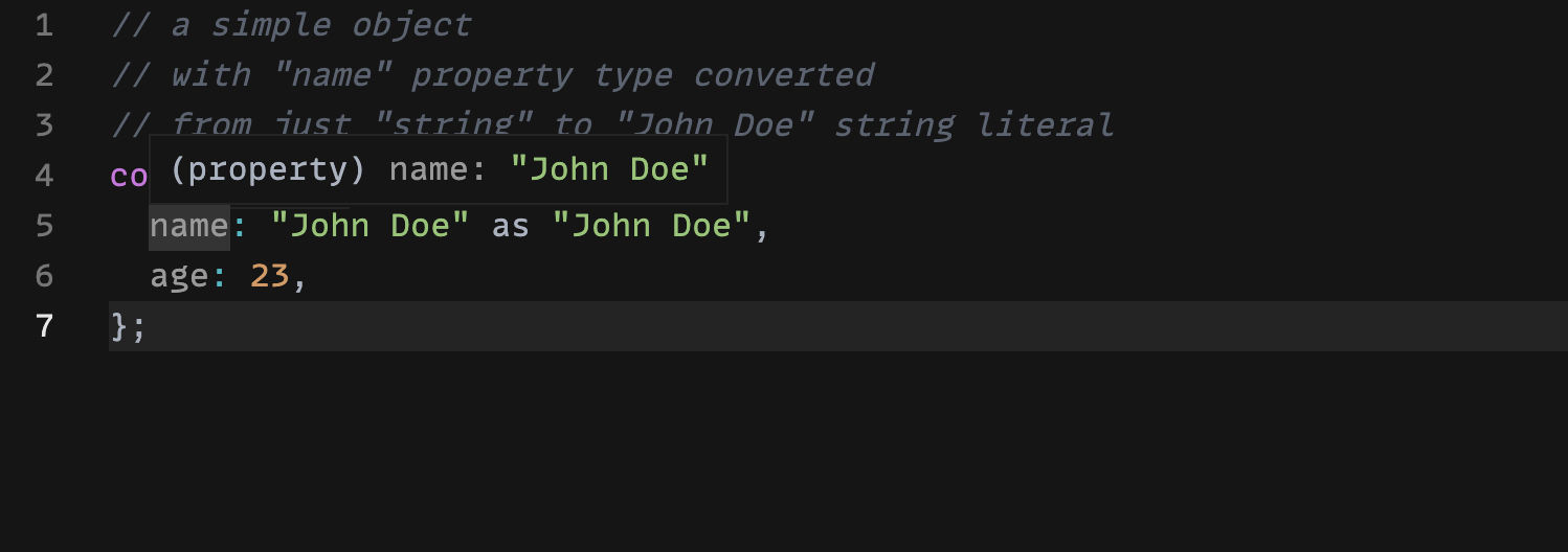 type John Doe string literal shown in the name property on hover