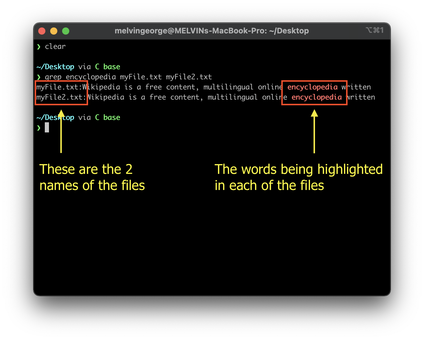 output of running the command to search and find a specific keyword on multiple files