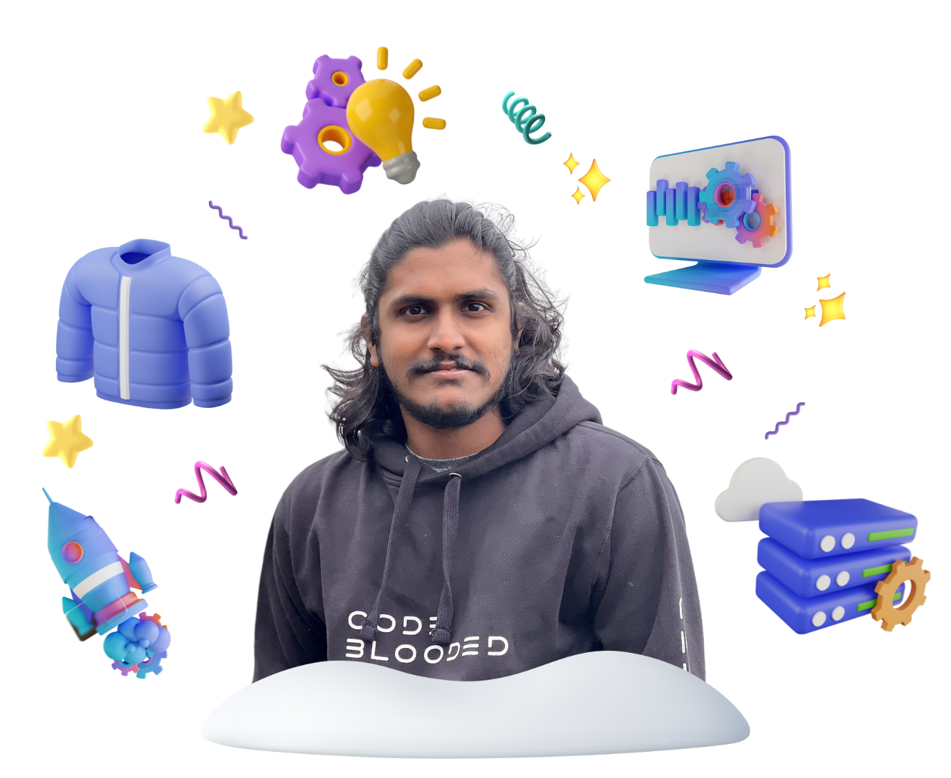 Picture of Melvin george in a cloud with illustrations of laptop, hoodie, gear with light bulb, rocket and server around