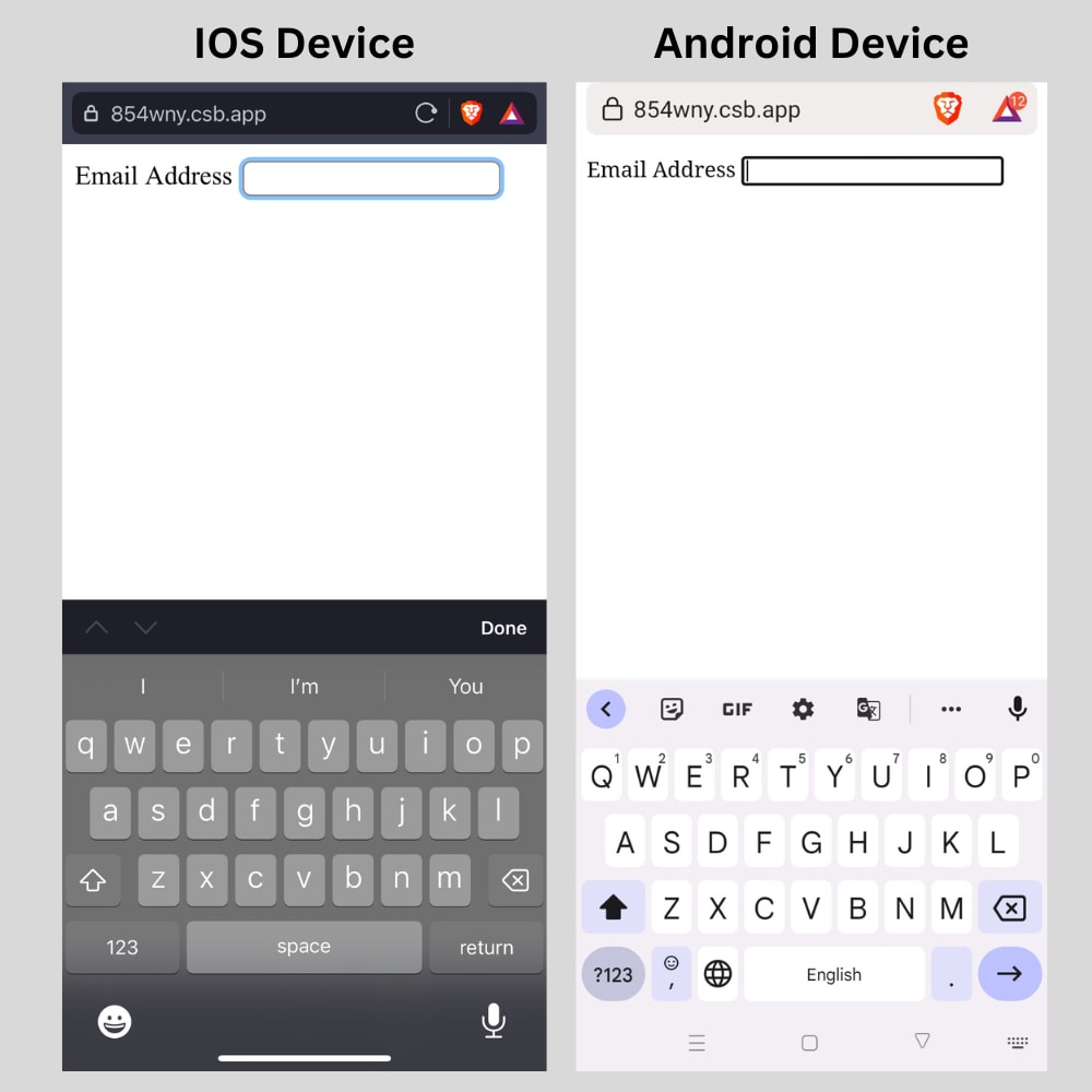 side-by-side screenshots of simple virtual keyboard that is not email friendly on both android and ios phones