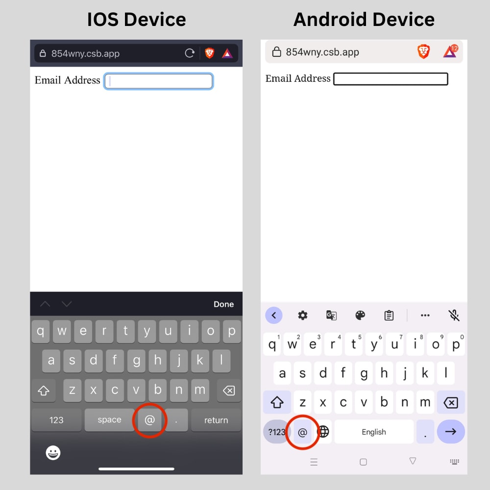 side-by-side screenshots of simple virtual keyboard that is email friendly on both android and ios phones