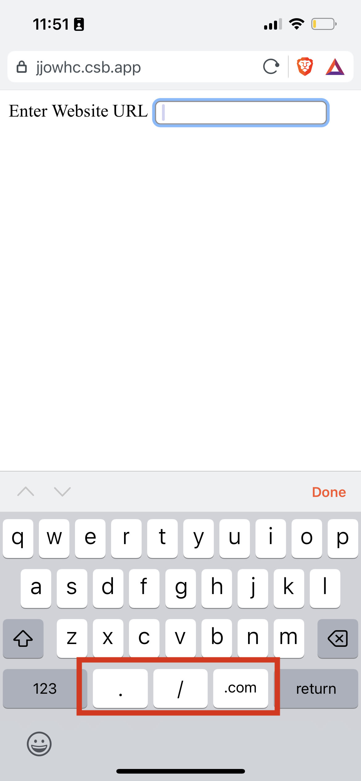 screenshot of simple virtual keyboard that is url friendly on an ios phone