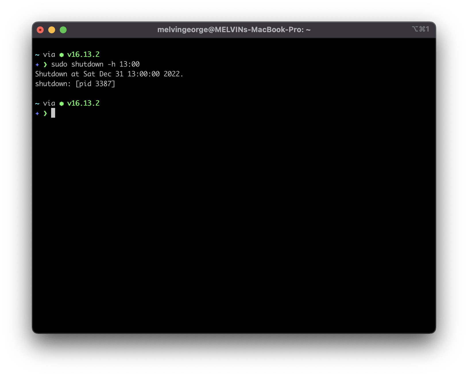 screenshot of the output of shutdown command showing the scheduled time to shut down and its process id (PID)