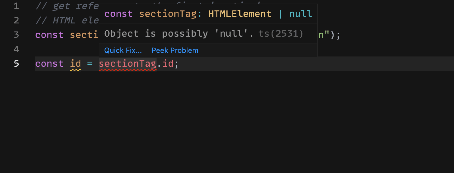error while accessing the id property in the section HTML element tag