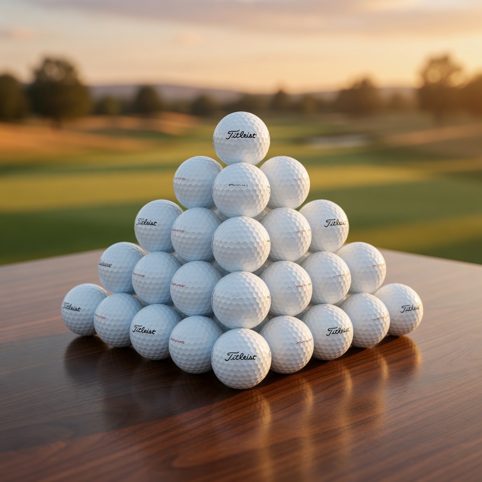 Three dozen Titleist golf balls stacked in a pyramid