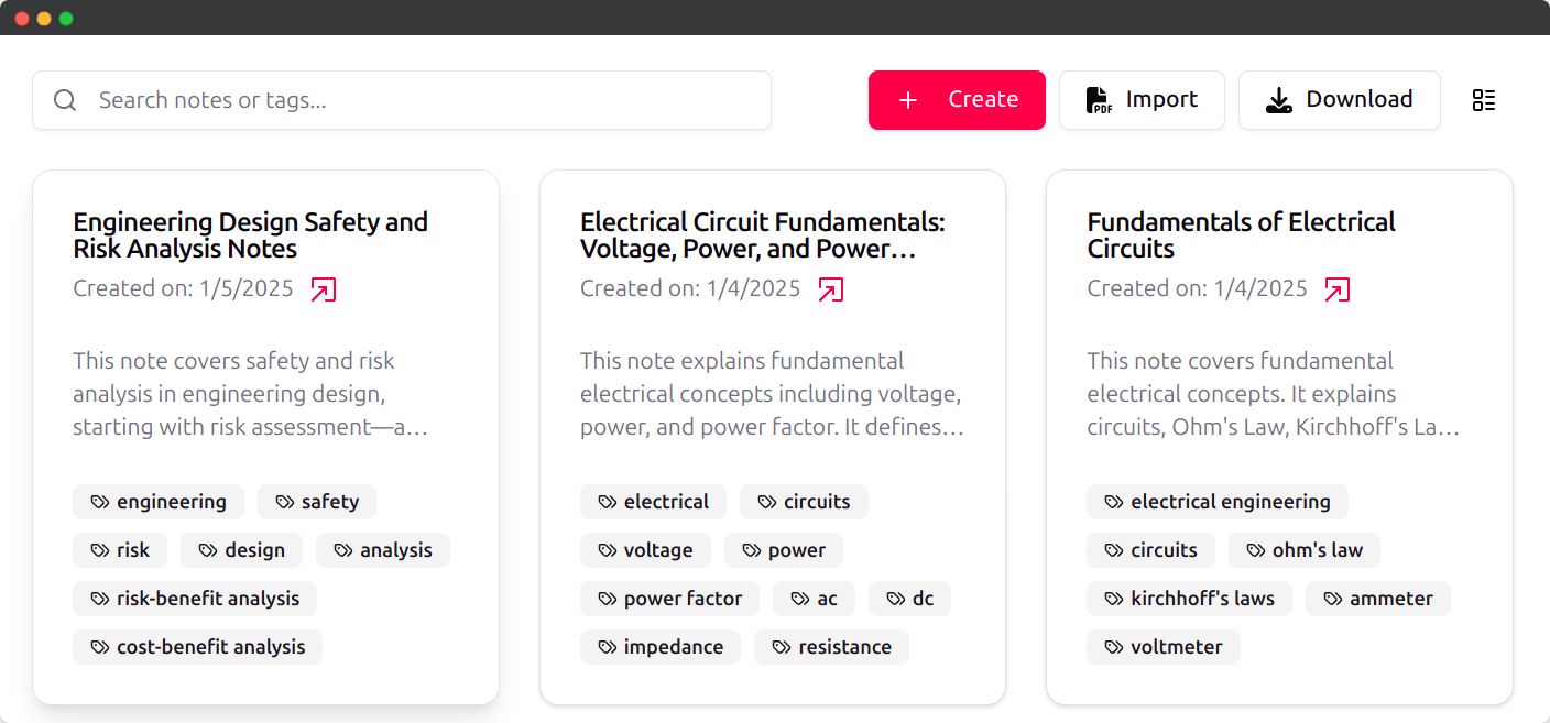 Notes management interface
