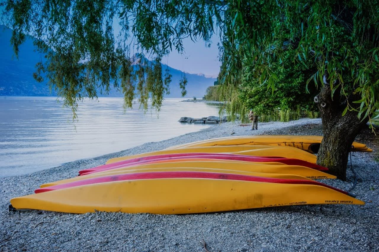 Kayaks lined up on a lakeside beach