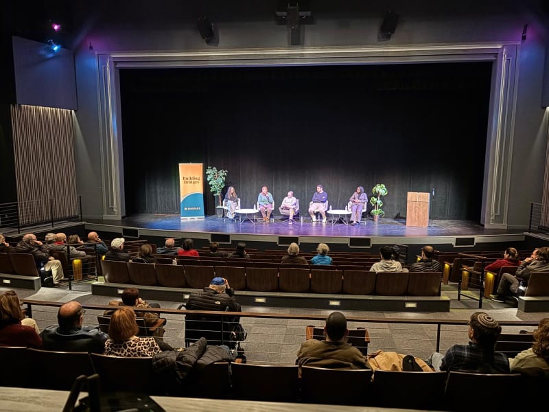 Building Bridges panel on a theatre stage before a seated audience