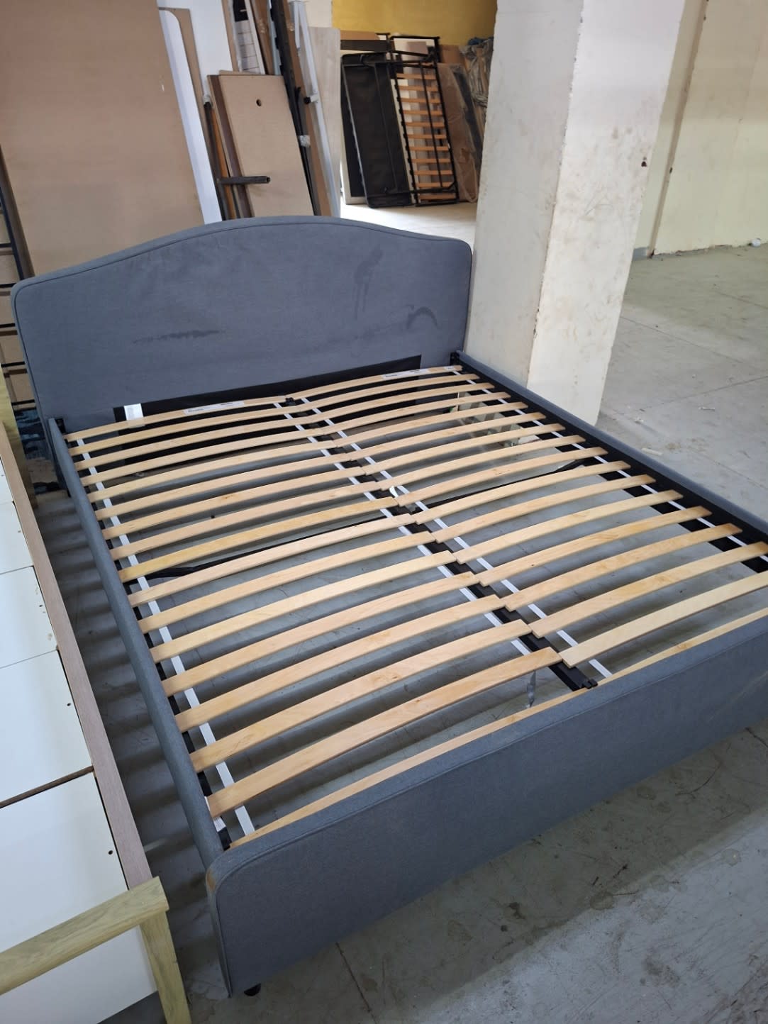 Used Grey Upholstered Bed Frame with Slats