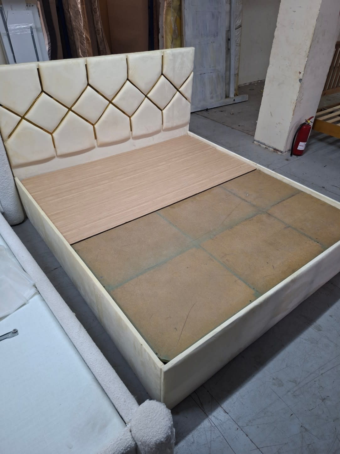 Used King Bed Frame Cream Upholstered Gold Headboard