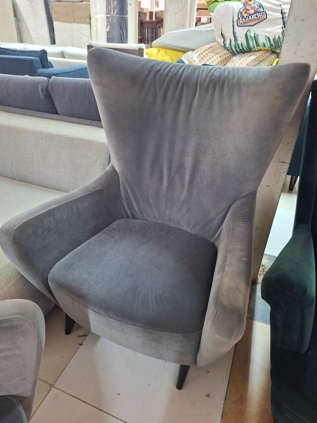 Used Grey Velvet High-Back Accent Chair