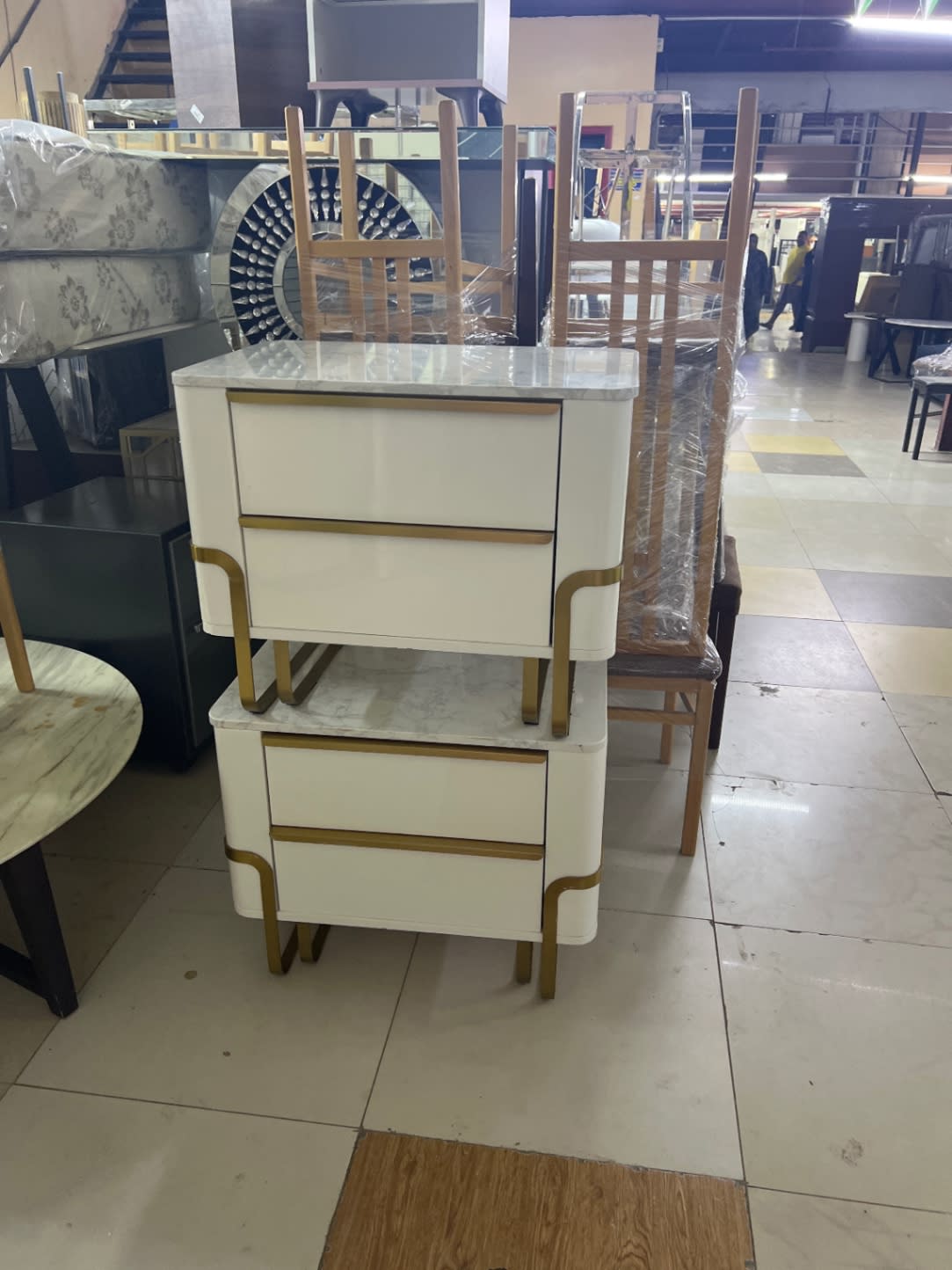 Nightstand with Marble Top and Gold Accents