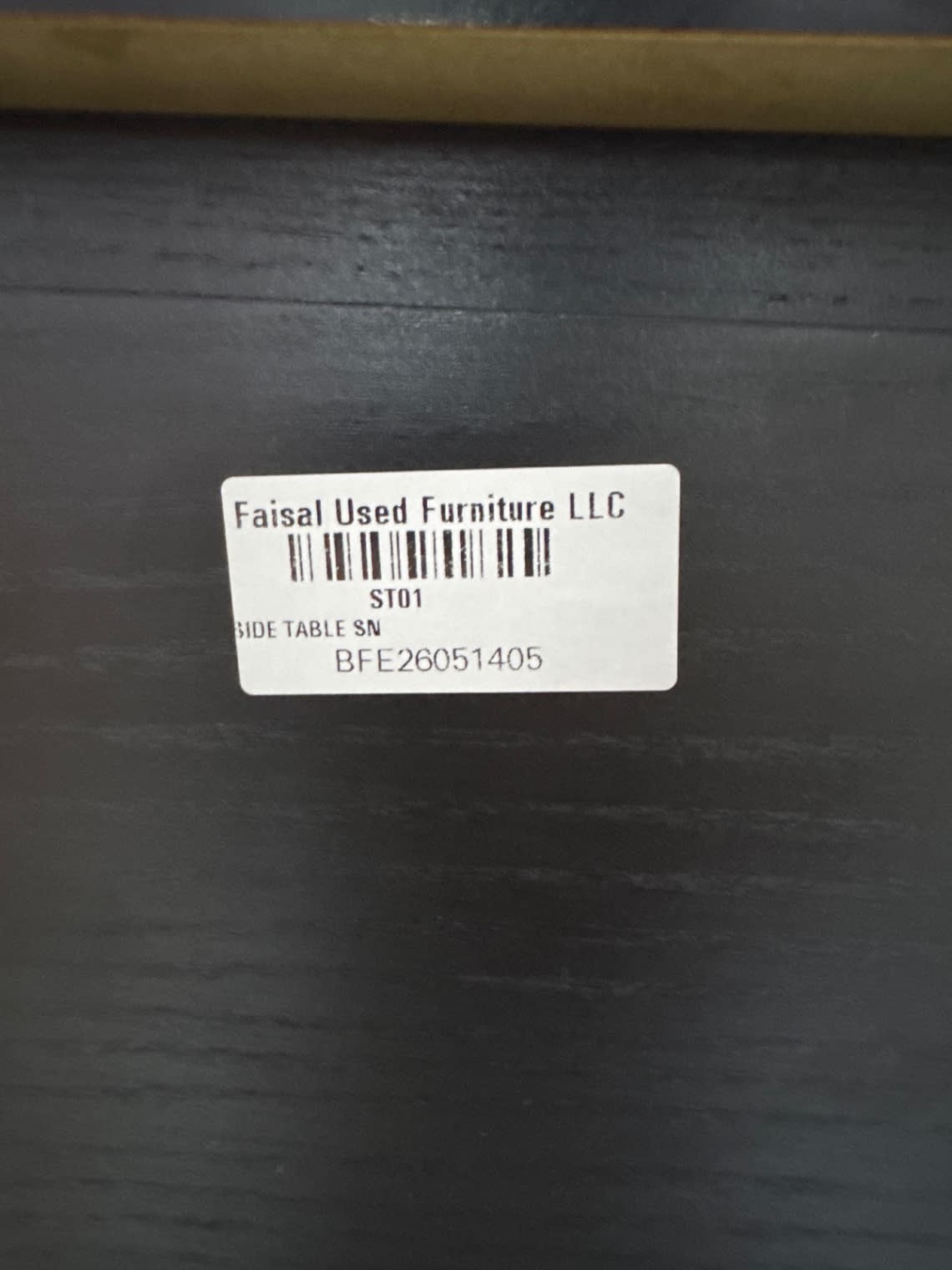 Bufaisal barcode label BFE26051405 for used black 2-drawer nightstand set