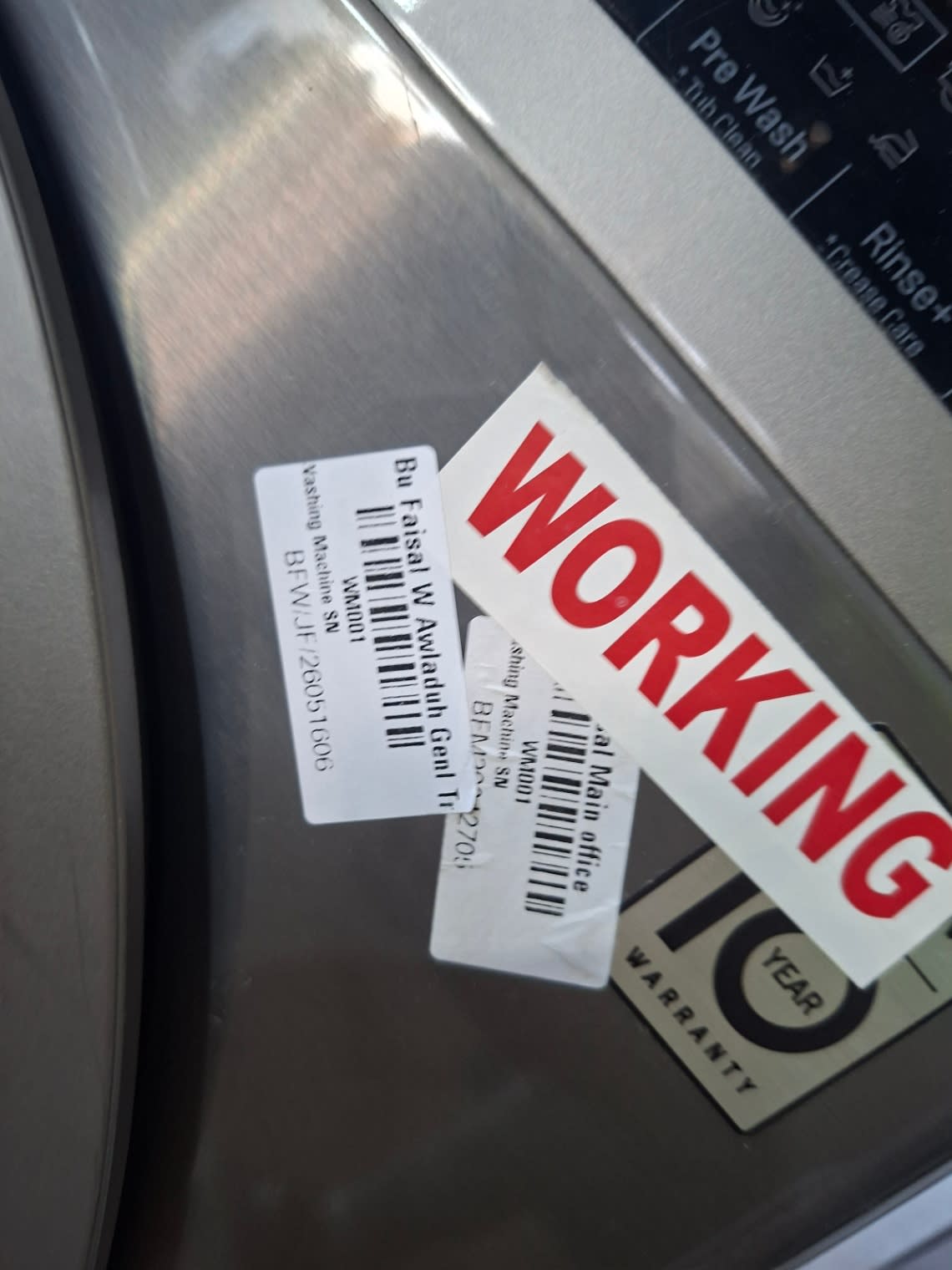 Bufaisal barcode label BFW/JF/26051606 for used LG 8kg front-load washing machine