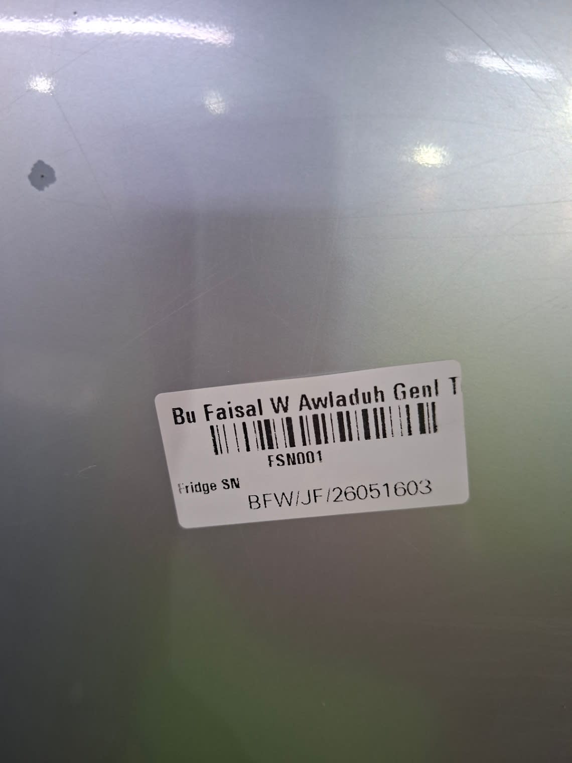 Bufaisal barcode label BFW/JF/26051603 for used Haier top-mount refrigerator