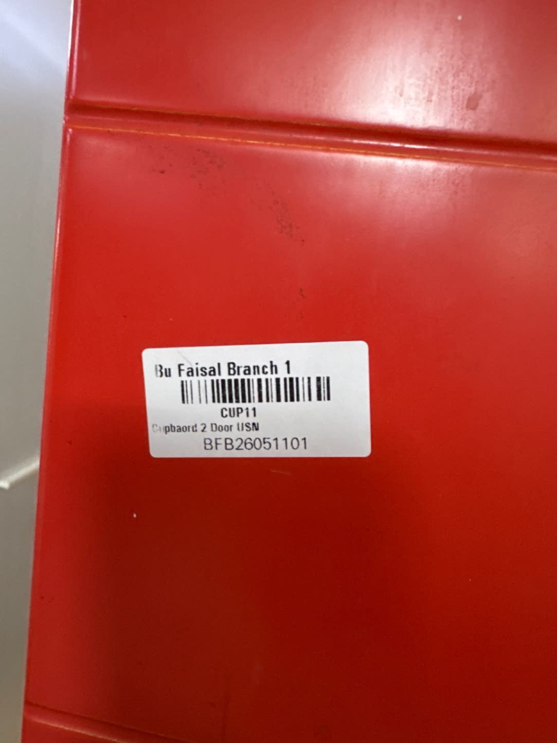 Bufaisal barcode label BFB26051101 for used 2-door wardrobe at Shop B Ajman