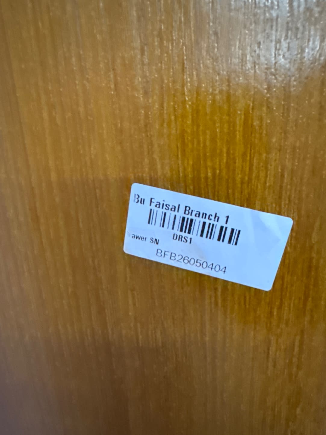 Bufaisal barcode label BFB26050404 for used tall chest of drawers with cabinet