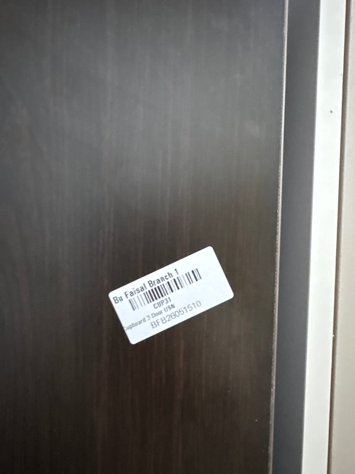 Bufaisal barcode label BFB26051510 for used 3-door dark brown wardrobe