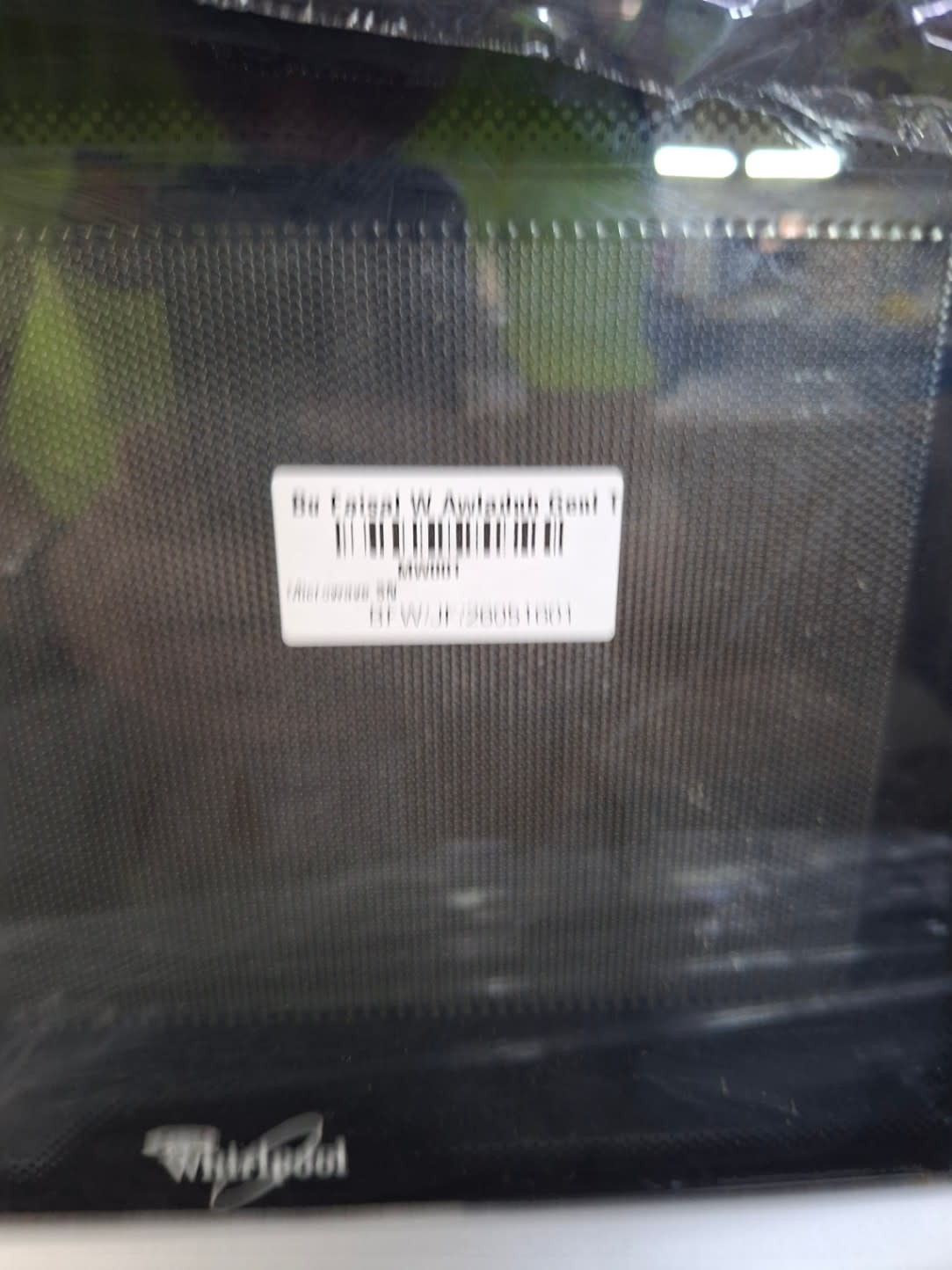 Bufaisal barcode label BFW/JF/90051001 for used Whirlpool microwave oven with grill