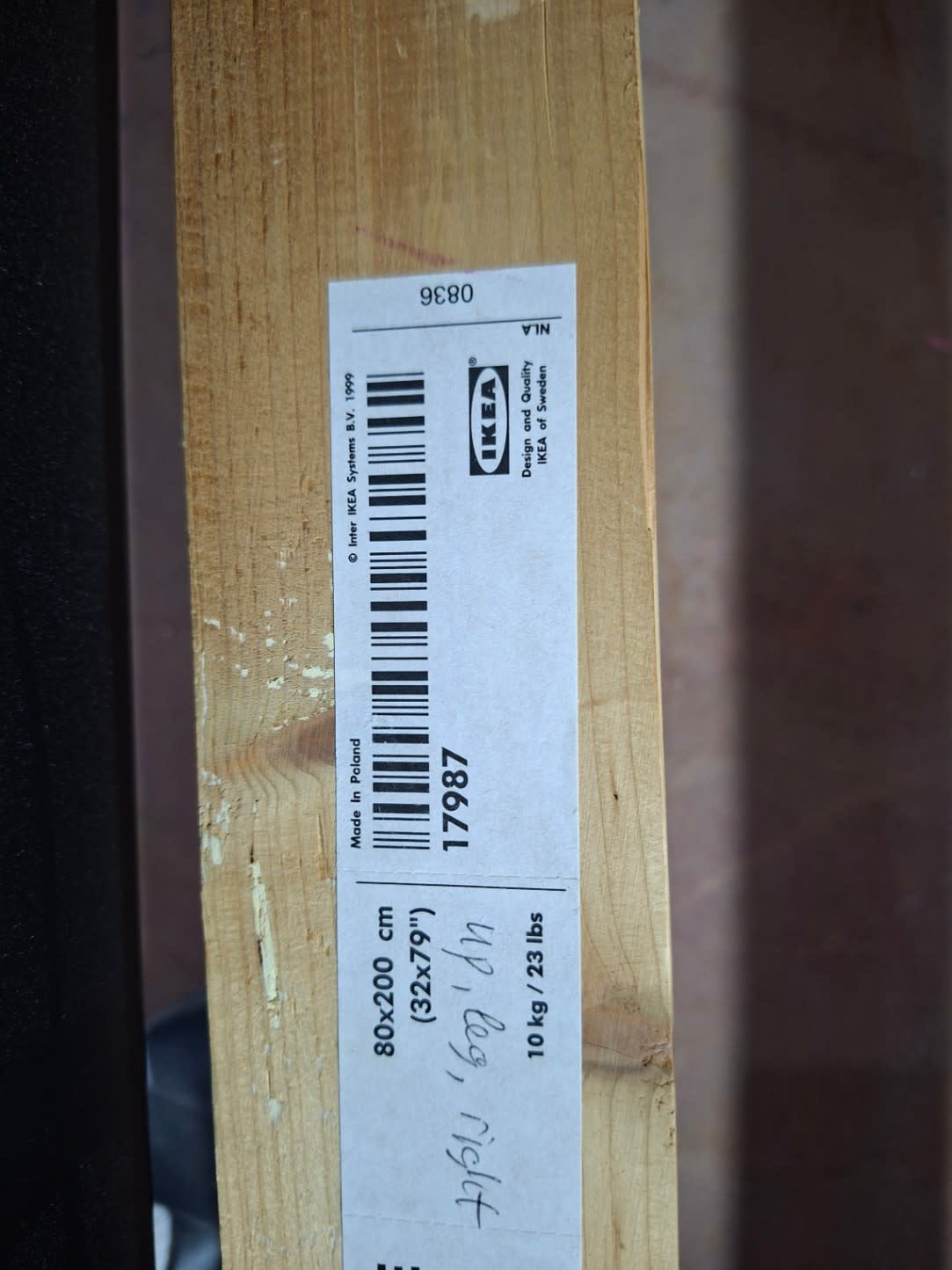 IKEA component label on wooden slat showing 80x200 cm size and article details