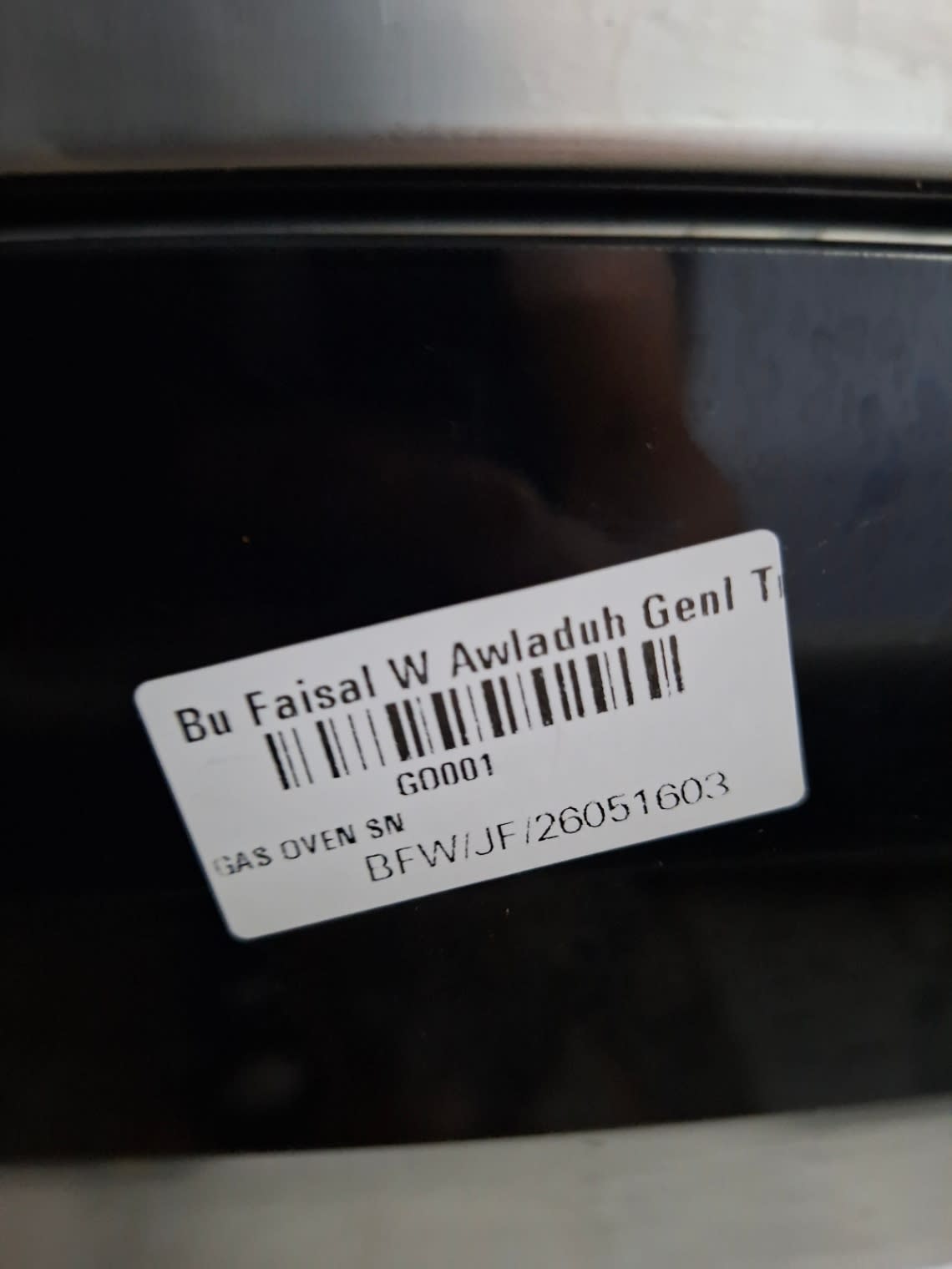 Bufaisal barcode label BFW/JF/26051603 for used Westpoint gas cooker with oven