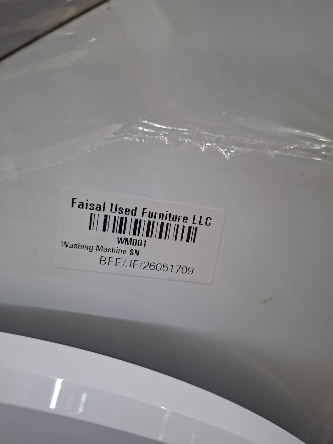 Bufaisal barcode label BFE/JF/26051709 for used Westpoint front-load washing machine