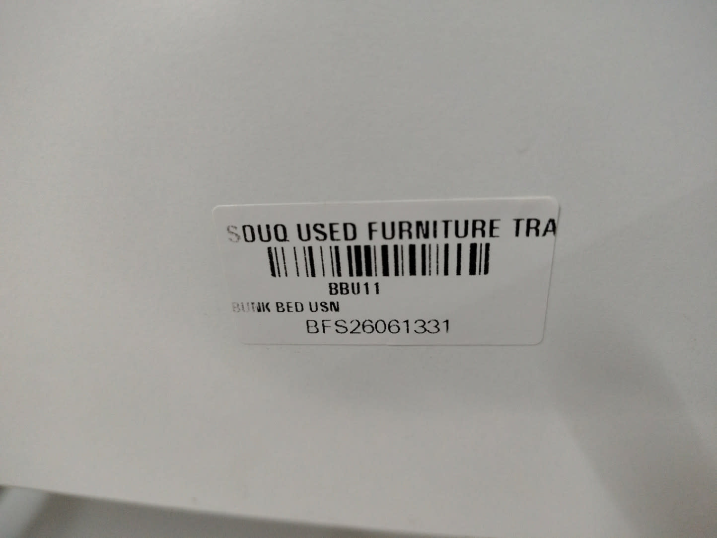Bufaisal barcode label BFS26061331 for used white bunk bed