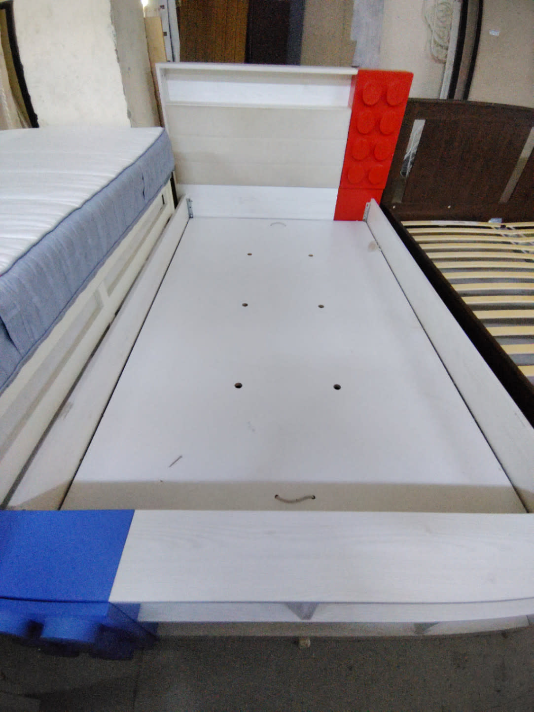Kids Bed Frame with Lego-Style Headboard Accents