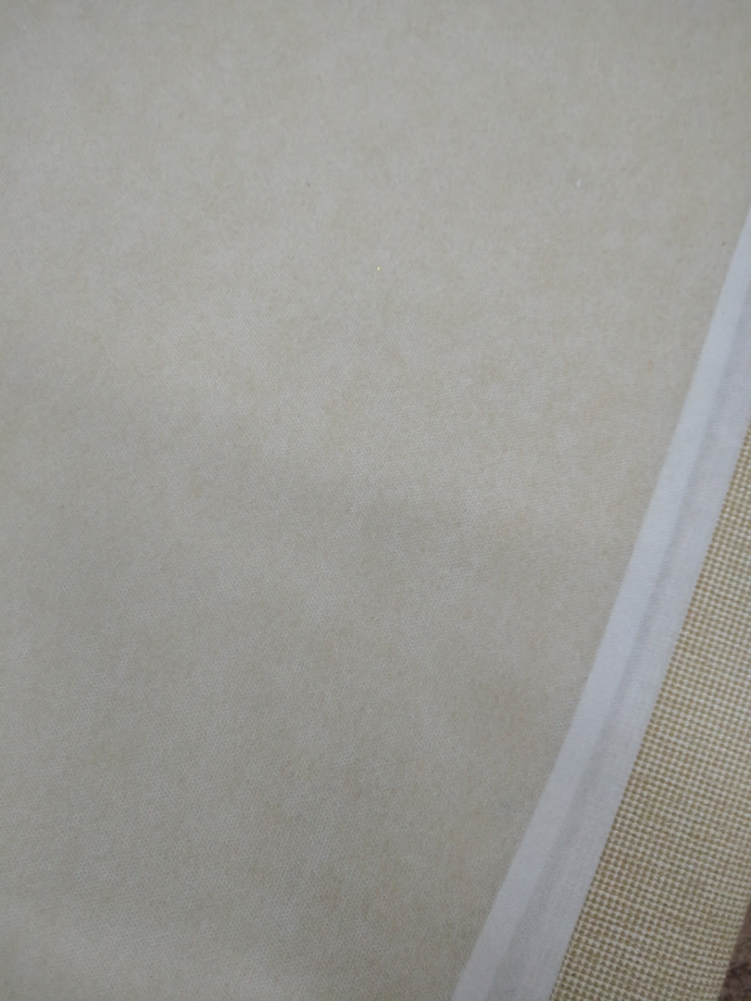 Close-up of beige fabric surface on used upholstered queen bed frame at Bufaisal Ajman