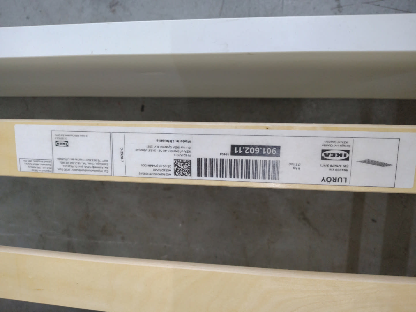 IKEA LURØY slatted bed base label showing product details for used IKEA double bed frame