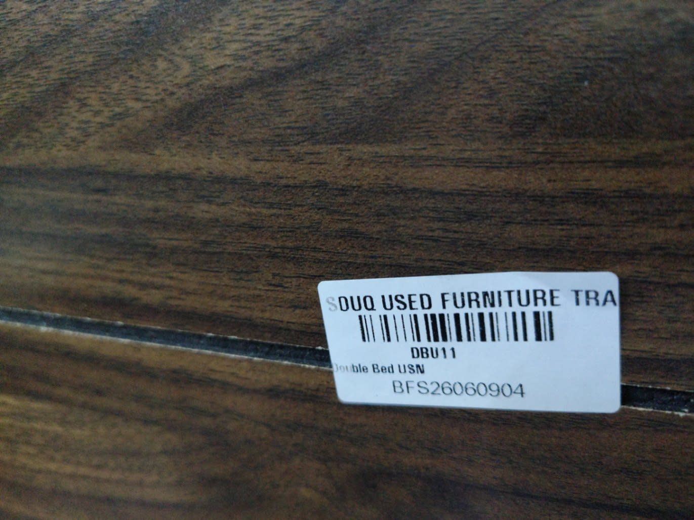 Bufaisal barcode label BFS26060904 for used double bed frame with storage