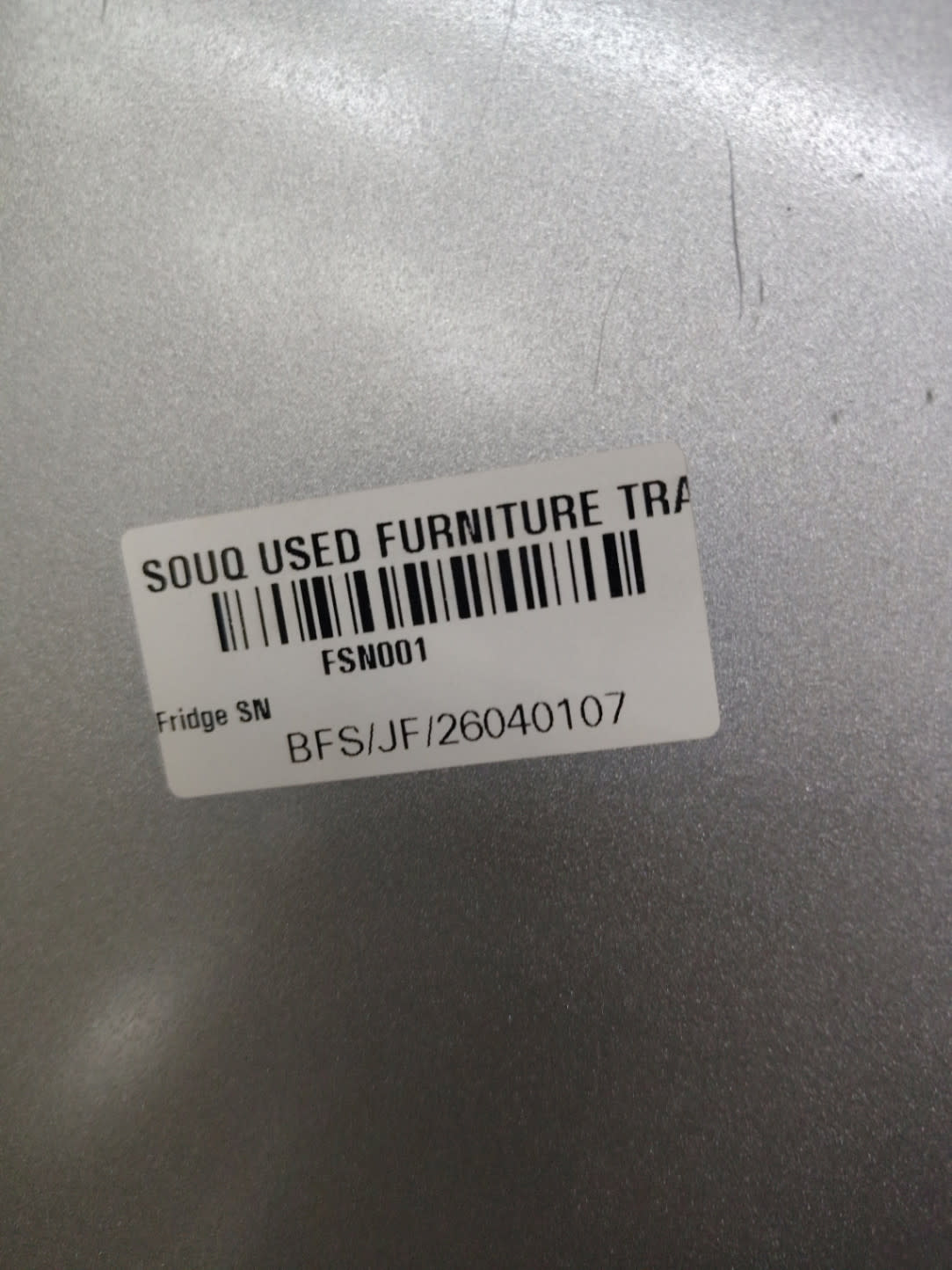 Bufaisal barcode label BFS/JF/26040107 for used Defy side-by-side refrigerator