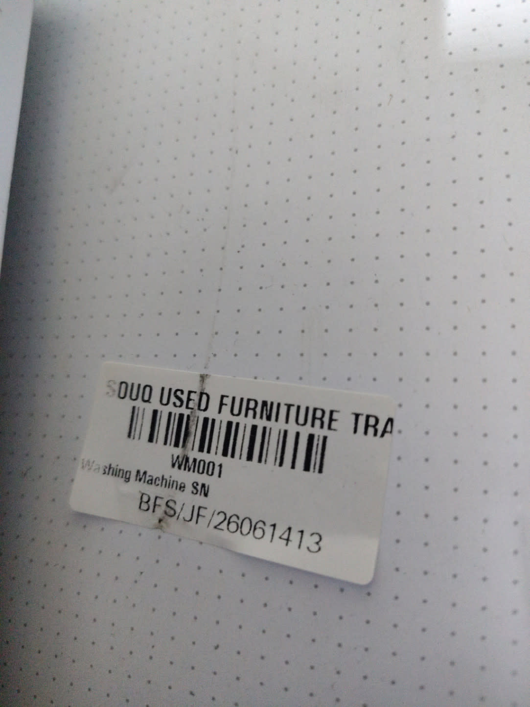 Bufaisal barcode label BFS/JF/26061413 for used LG 7kg front-load washing machine