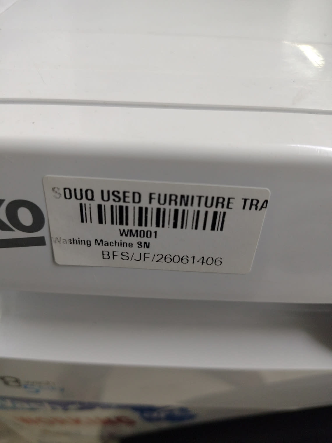Bufaisal barcode label BFS/JF/26061406 for used Beko front-load washer dryer