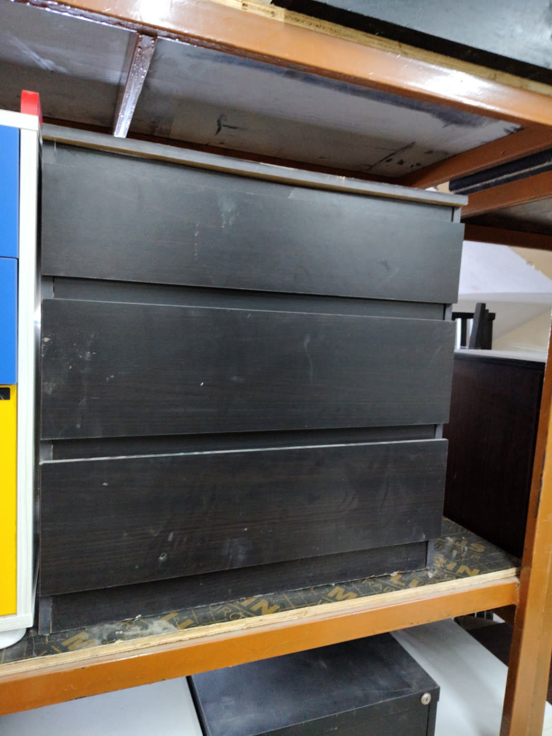 Additional front angle of used dark grey 3-drawer dresser at Bufaisal Ajman