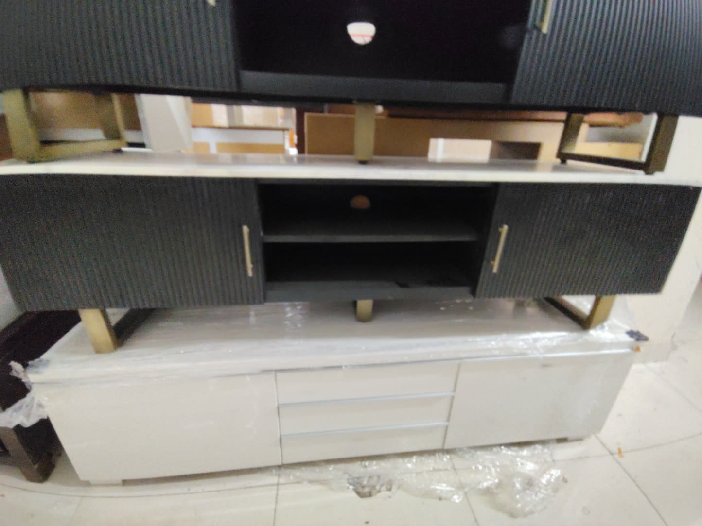 TV Stand with Marble-Effect Top and Ribbed Cabinet Doors