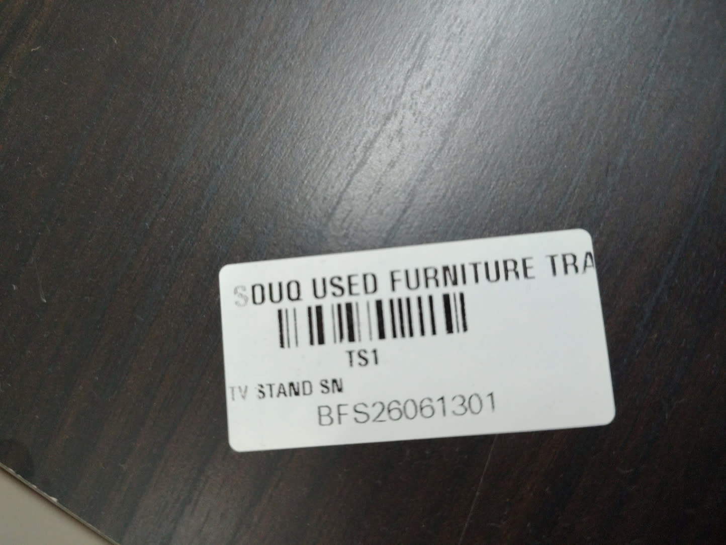 Bufaisal barcode label BFS26061301 for used dark brown TV stand