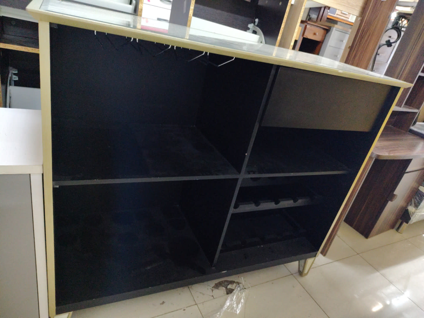 Bar Cabinet with Glass Top and Open Shelves