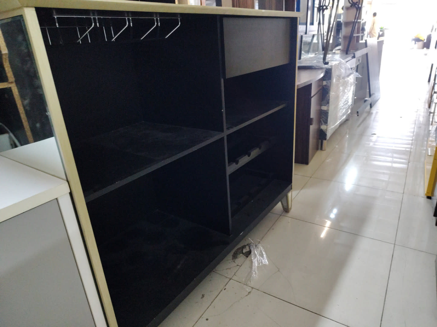 Bar Cabinet with Glass Top and Open Shelves 2